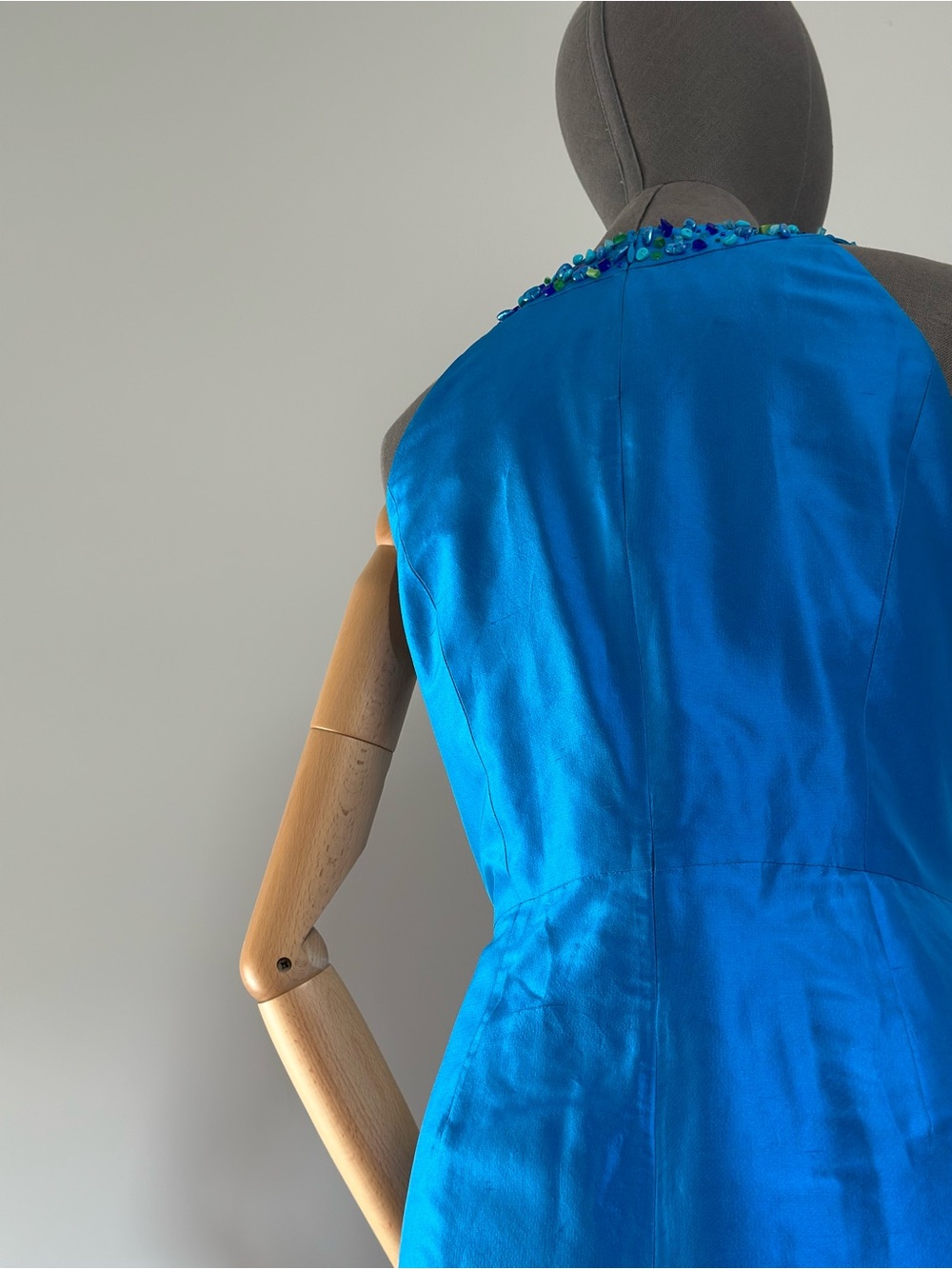 Silk Turquoise Sleeveless Beaded Dress Tulip Skirt - Picture 16 of 17